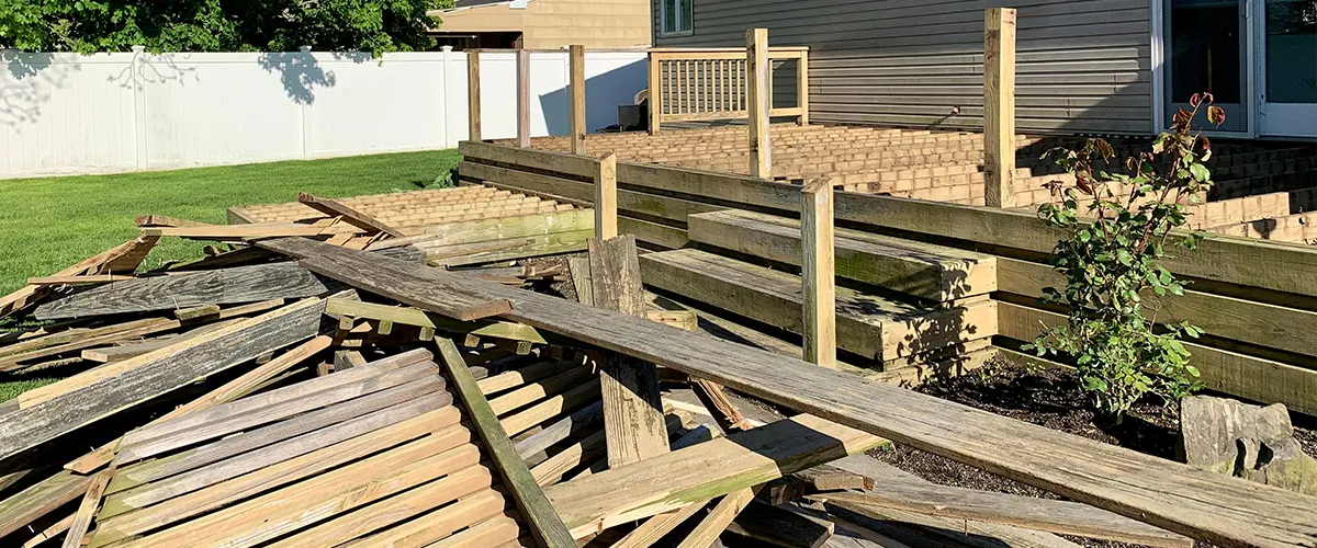 An old deck frame being torn down