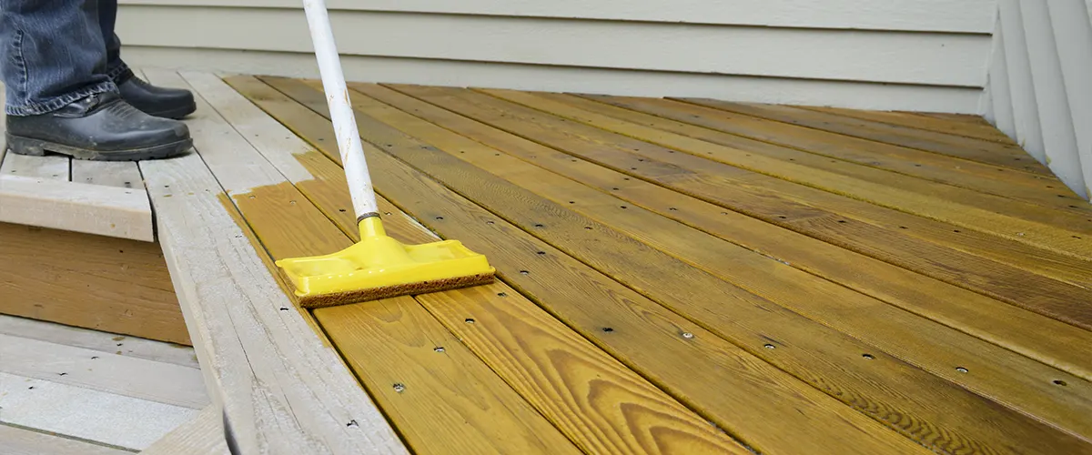 A man sanding a deck with a tool