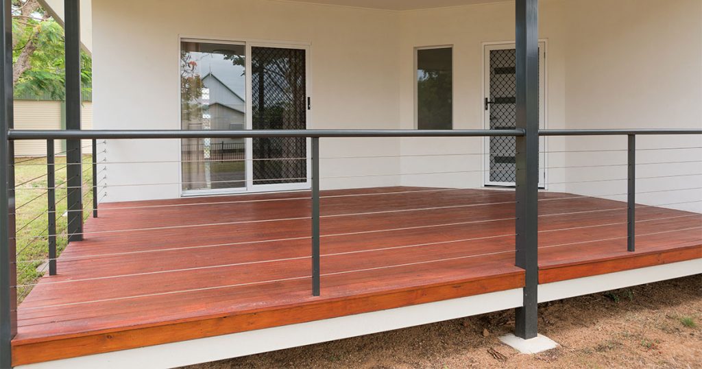 Deck with steel frame and composite decking that resembles the wood grain