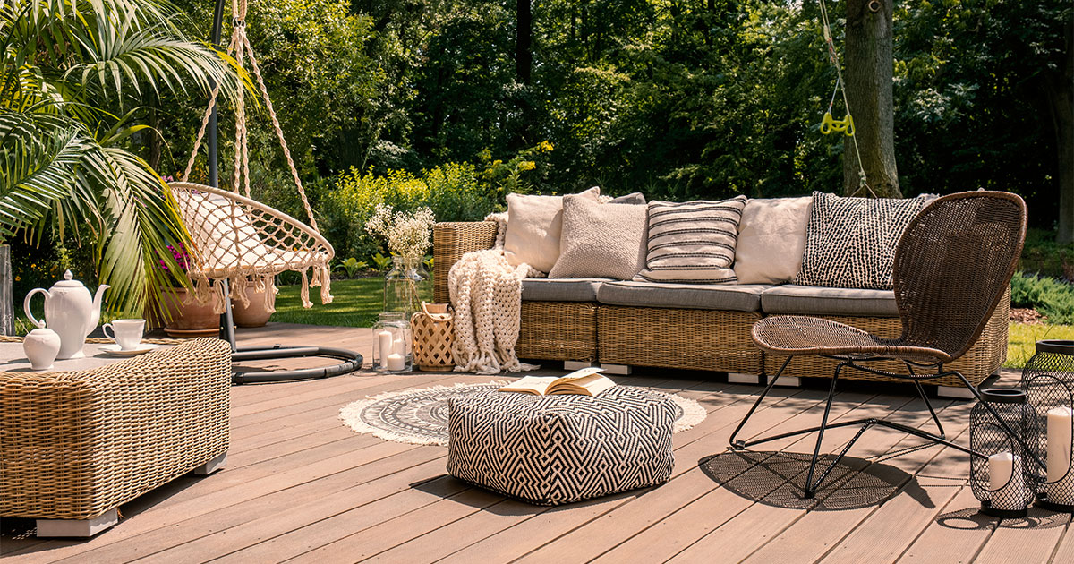 A composite wood decking with furniture