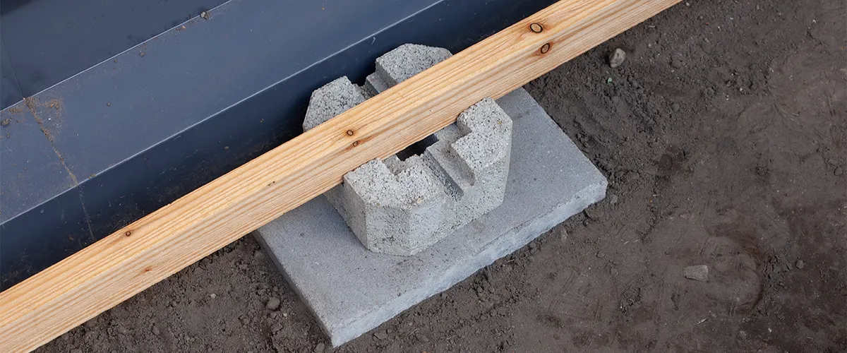 A concrete deck block with a piece of lumber