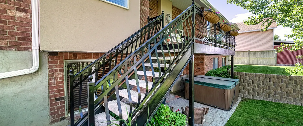A small elevated deck frame made of metal and aluminum railing