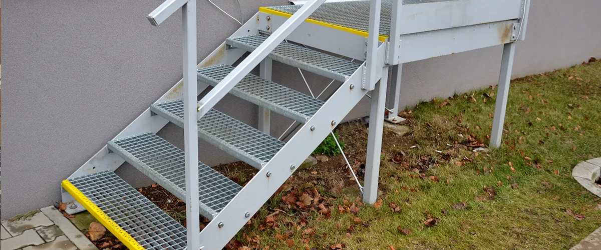 A steel deck with stairs and railway