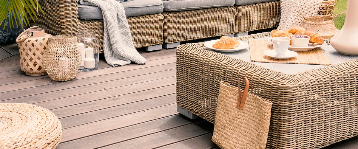 Best decking material options with a bench and a small table