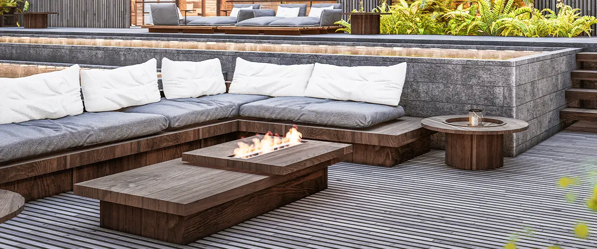 creative deck ideas modern deck design featuring a built in rectangular fire pit surrounded by a spacious L shaped bench with plush grey cushions