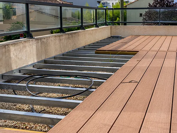 A metal frame for a rooftop deck