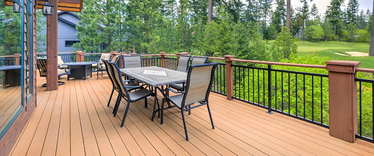 A beautiful PVC decking with a big table and many chairs