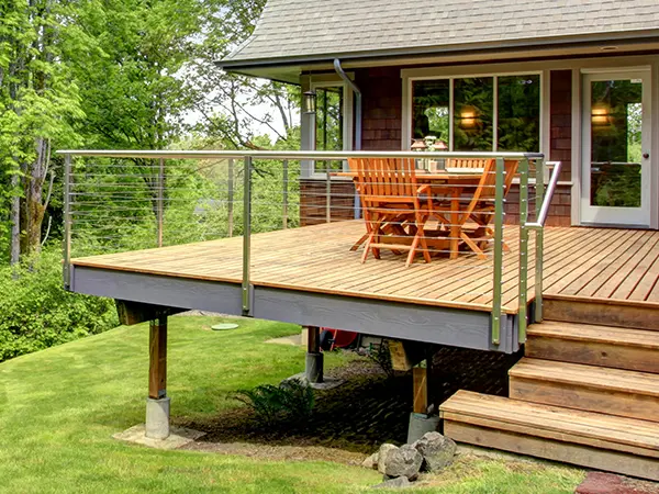 Steel railing on wood deck