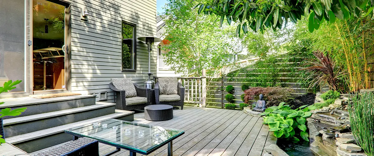 cozy hidden deck next to pond