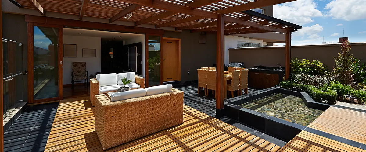 deck with pergola and furniture