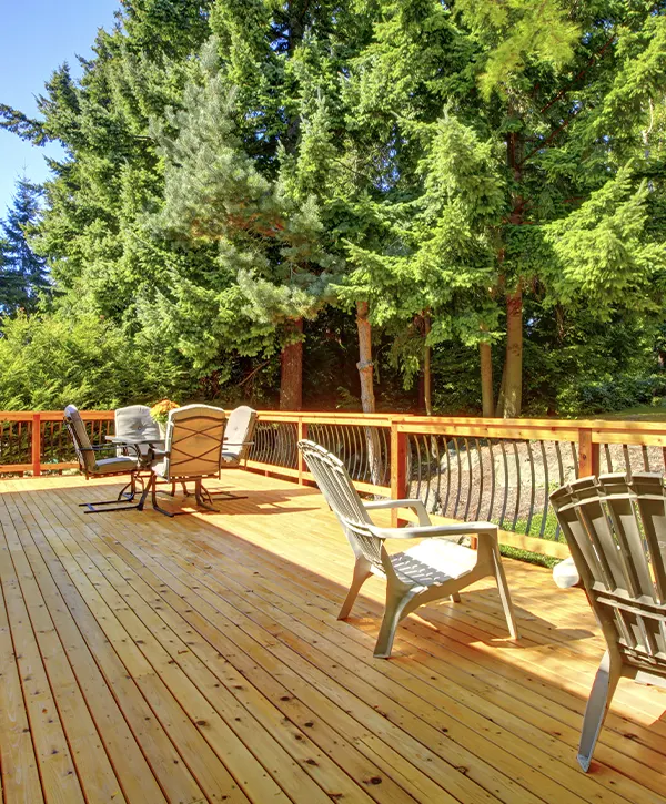 large wood deck near forest