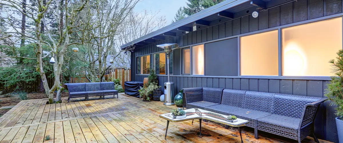 wooden deck attached to tiny home