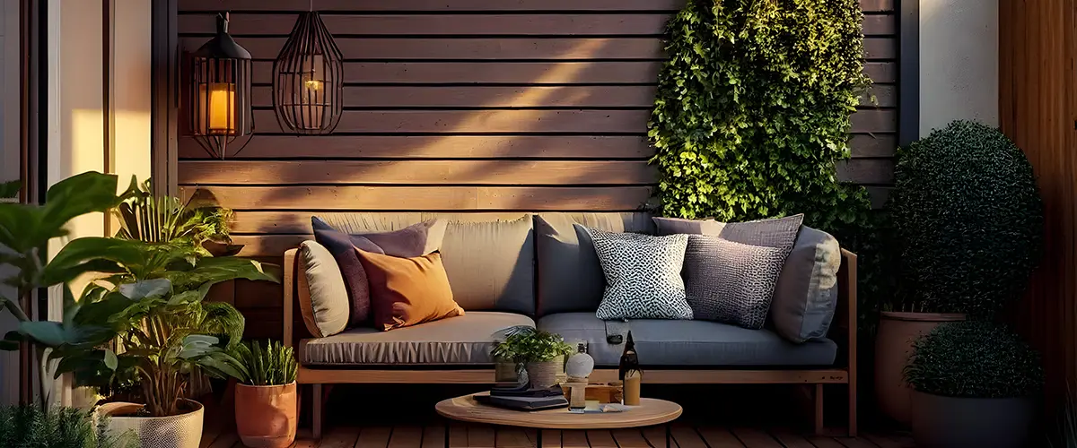 lanterns and seating area on a deck enclosure