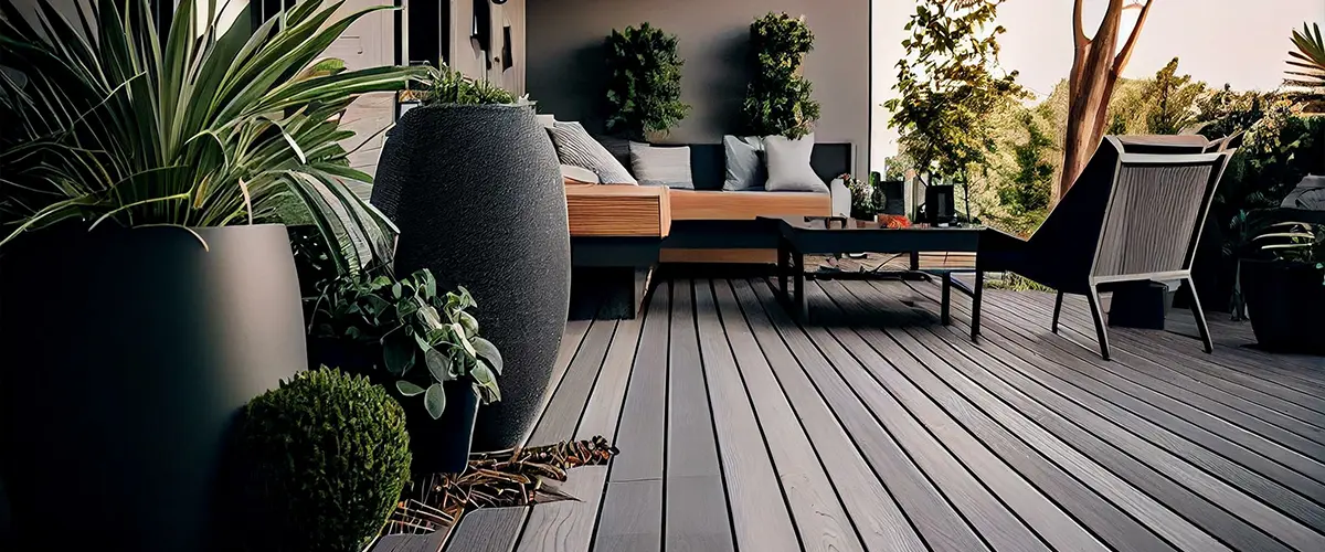Composite deck installation with potted plants and outdoor furniture