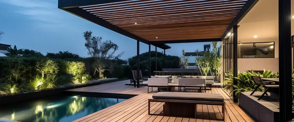 couches and lounge chairs by the pool