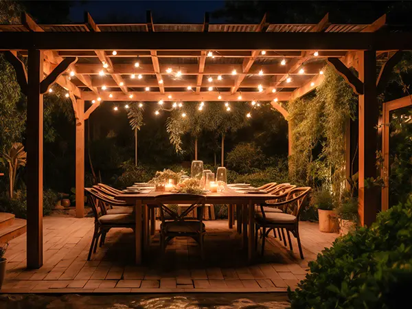 outdoor dining area under a pergola