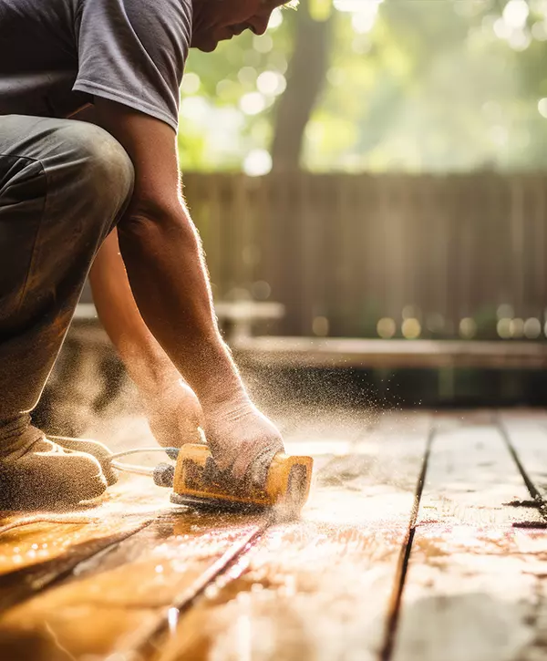 deck refinishing in knoxville, man kneeling while sanding outdoor wooden deck