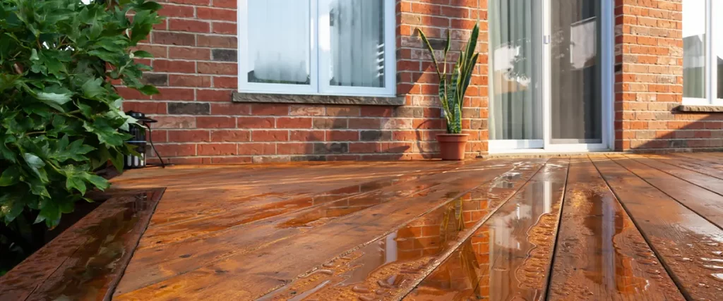 wooden deck with water on in front of the house
