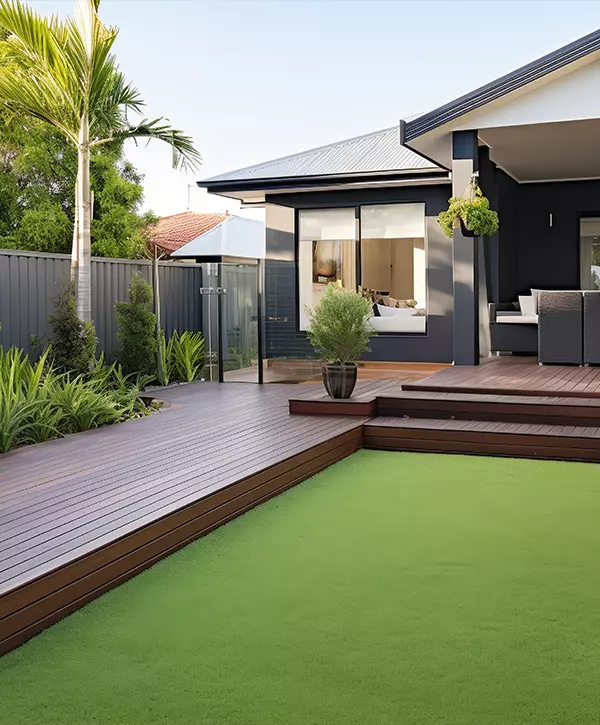 deck replacement, home or residential buildings front yard features artificial grass lawn turf with timber edging