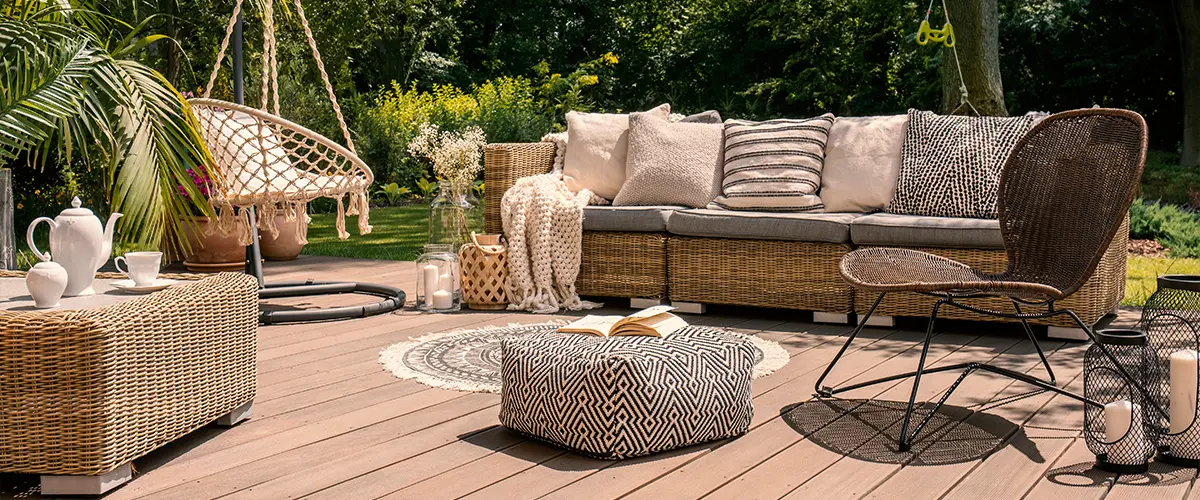 A rattan patio set including a sofa, a table and a chair on a wooden deck in the sunny garden.