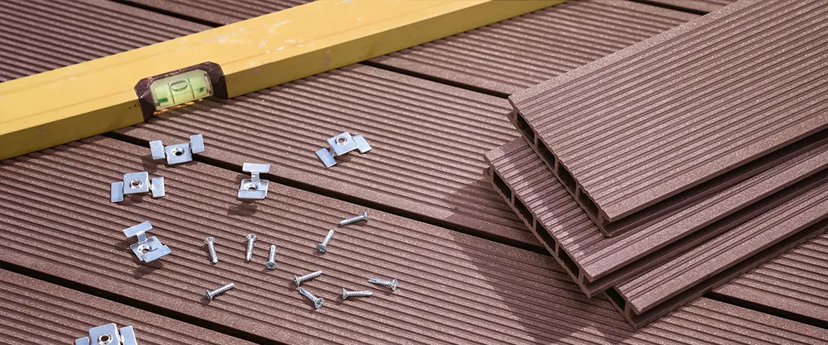 Some screws and tools on a composite deck.