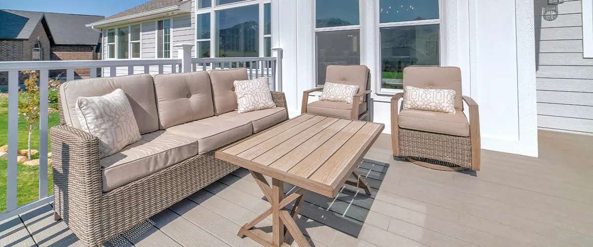 Chic deck setup with wicker furniture, highlighting Deck Ledger Installation in Knoxville, TN.