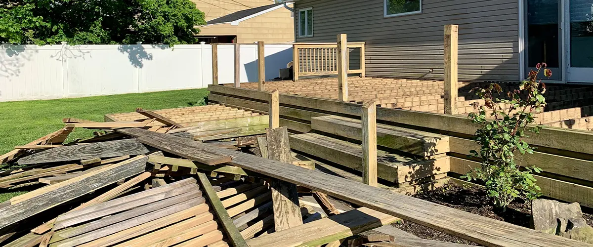 Deck replacement in Powell, TN with new wooden planks and railings, amidst a home renovation.