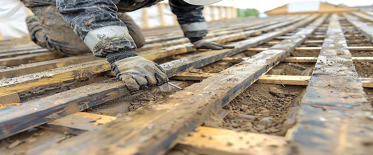 construction worker reinforces deck joists