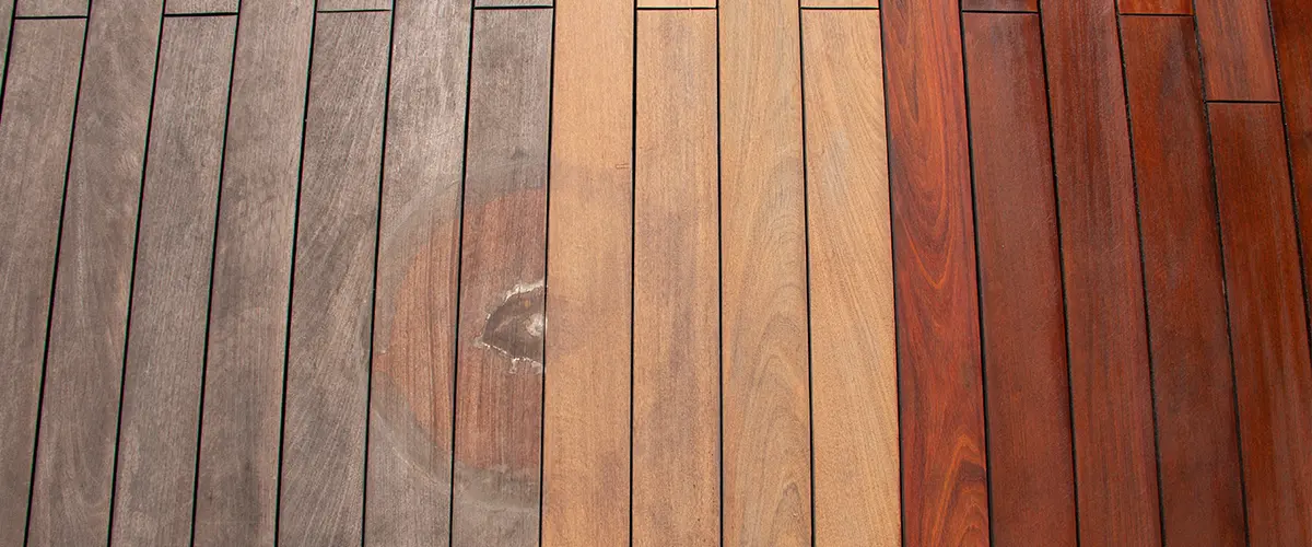 Wooden deck showing stages of refinishing from weathered gray to freshly stained wood - deck restoration and maintenance.