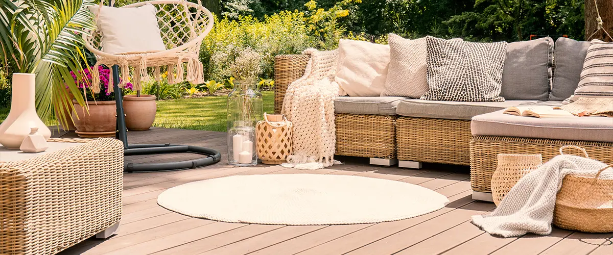 Cozy outdoor patio with wicker furniture, hanging chair, and decorative pillows in a garden setting for relaxation and leisure.