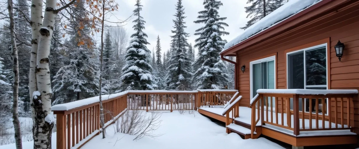 A spacious cedar wood outdoor patio featuring sturdy vertical deck railings heavily covered in fresh white snow, surrounded by a dense winter forest of frosted evergreen and birch trees under an overcast sky.