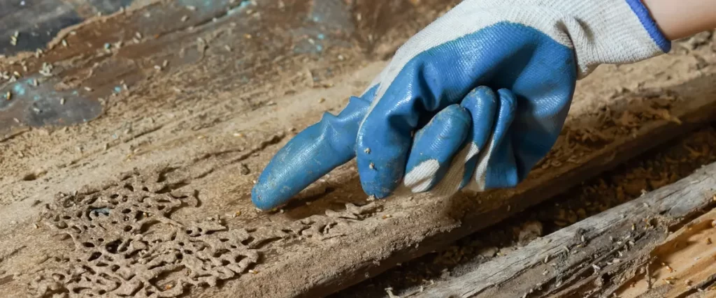 A gloved hand pointing at termite-damaged wood with intricate tunnels and sawdust-like residue