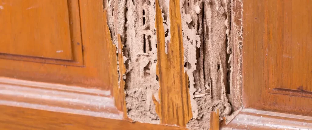 A gloved hand pointing at termite-damaged wood with intricate tunnels and sawdust-like residue