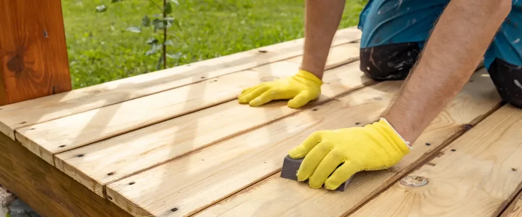 Worker wearing yellow gloves sanding a wooden deck