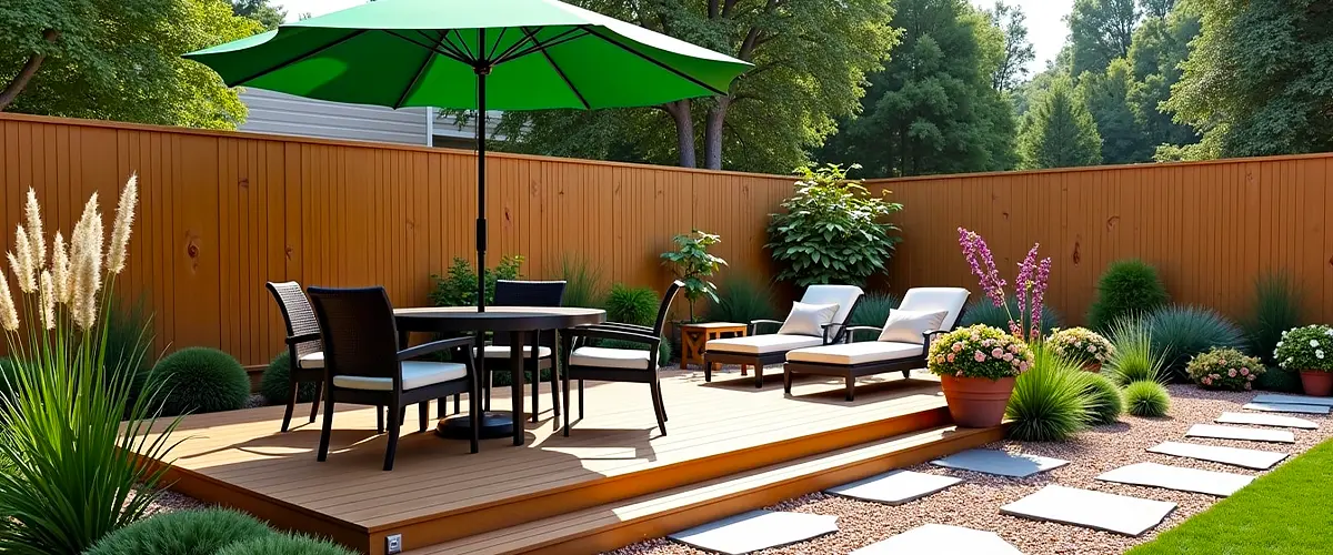 Modern backyard floating deck with lounge chairs, dining table, green umbrella, and vibrant landscaping, perfect for outdoor relaxation.