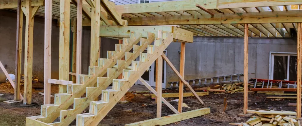 Wooden staircase framework under construction for a backyard deck
