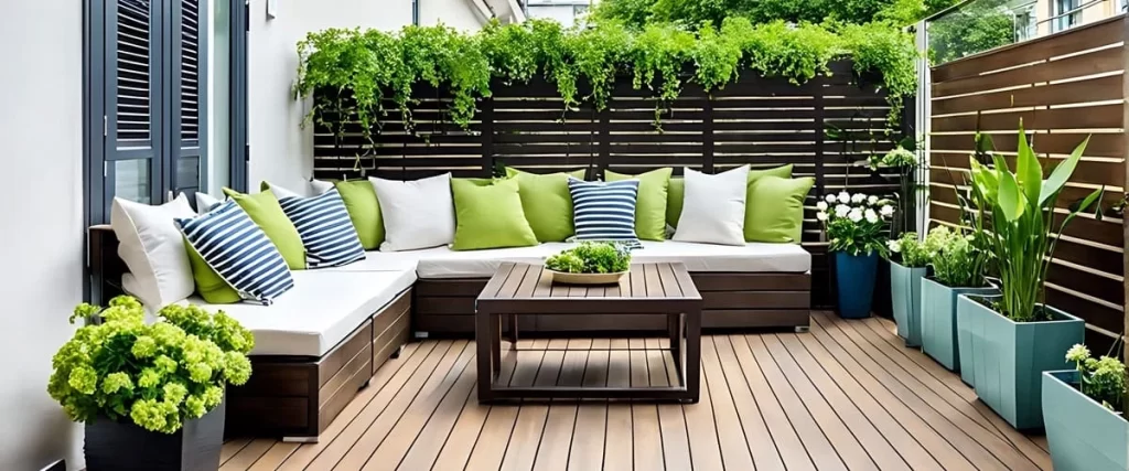 A modern outdoor patio featuring a dark wooden deck, a comfortable L-shaped sectional sofa with green and striped pillows, and light blue planters with lush greenery against a privacy fence.