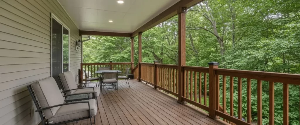 A spacious wooden covered deck featuring comfortable lounge chairs, a dining set, and a stained railing overlooking a lush green forest.