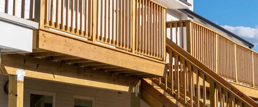 A detailed view of a high-quality elevated deck made of light-toned pressure-treated wood, featuring a sturdy staircase and vertical slat safety railings against a clear blue sky and white brick house.