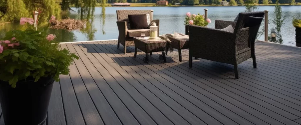 A cozy outdoor space with a wooden deck and lake view