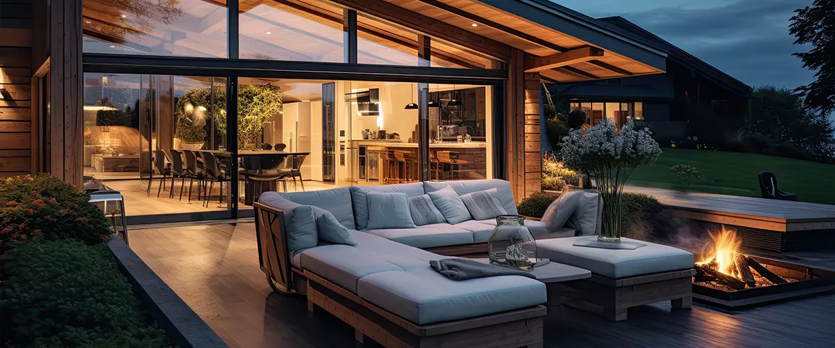 Modern outdoor patio at dusk featuring a cushioned sectional sofa, glass lantern, and flower vase on a low table