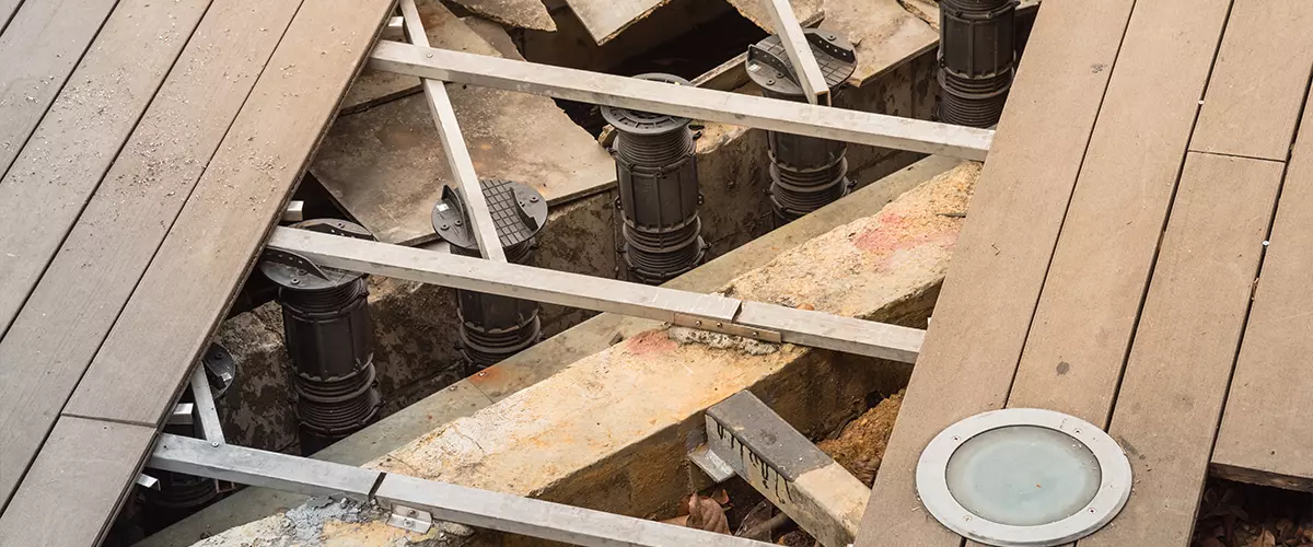Raised deck installation site showing partially removed boards and exposed support structure