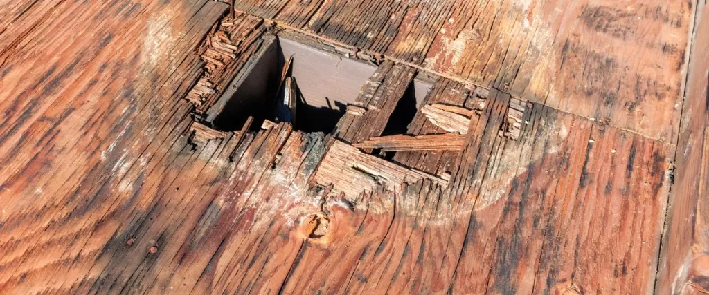 A close-up view of severely weathered and rotted brown wooden deck boards, showing splintering and a large, dangerous hole in the surface.