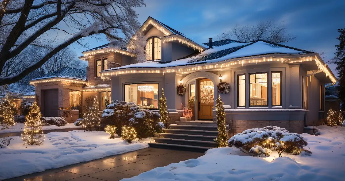 a modern house decorated with Christmas lights and covered in snow