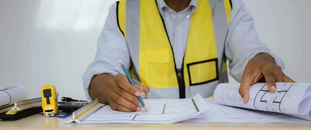 An expert contractor or engineer reviewing detailed architectural floor plans and blueprints required for the submission of deck permits.