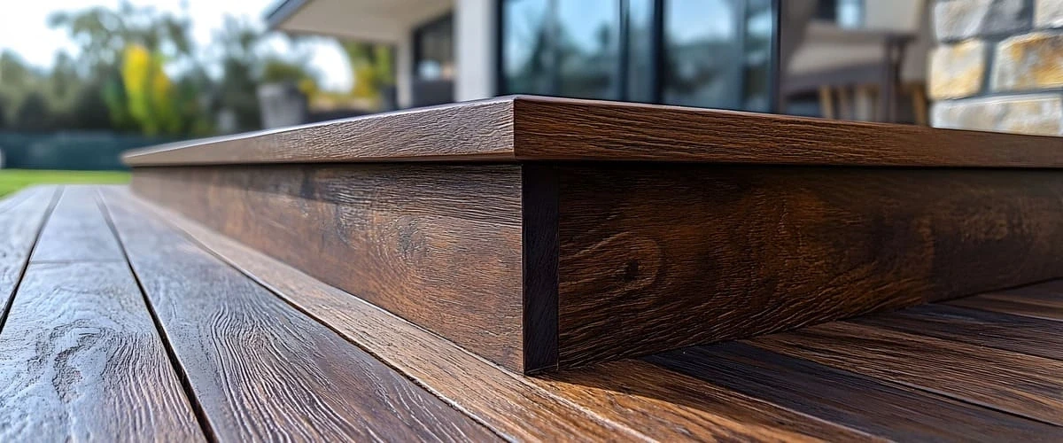 A detailed close-up shot showing the clean edge finish of a dark wood-grain composite deck fascia board installed on a multi-level outdoor patio.