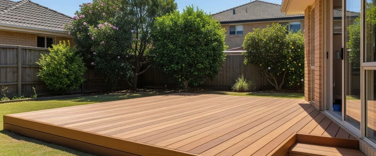 A spacious ground-level deck made of composite wood featuring built-in benches and surrounding garden planters.