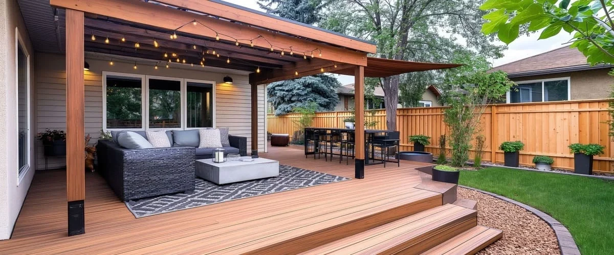 A modern multi-level composite wood deck featuring a dark gray sectional sofa, a concrete coffee table, and a wooden pergola decorated with warm hanging string lights in a landscaped backyard.