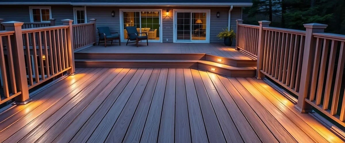 A spacious multi-level residential composite deck at night featuring warm integrated LED step lighting, vertical balustrade railings, and dark grey patio chairs near sliding glass doors.