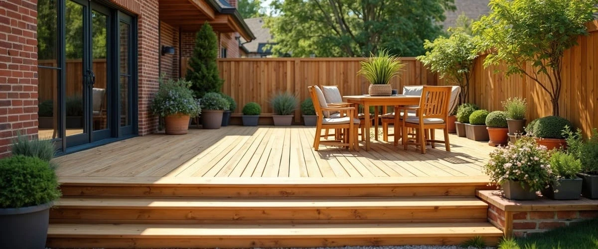 A wide, low-profile natural wood deck featuring horizontal planks and wide steps, styled with a wooden dining table and chairs, surrounded by various potted plants and a privacy fence against a brick house.